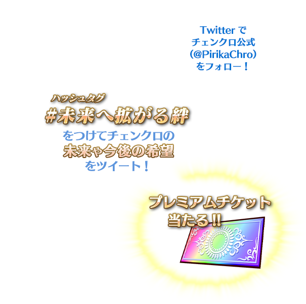Twitterでチェンクロ公式(@PirikaChro)をフォロー! ハッシュタグ #未来へ拡がる絆 をつけてチェンクロの未来や今後の希望をツイート! プレミアムチケット当たる!!